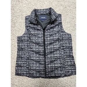 Lands End Womens Down Puffer Vest Size XL 18 Black & White Pattern Zip Pockets